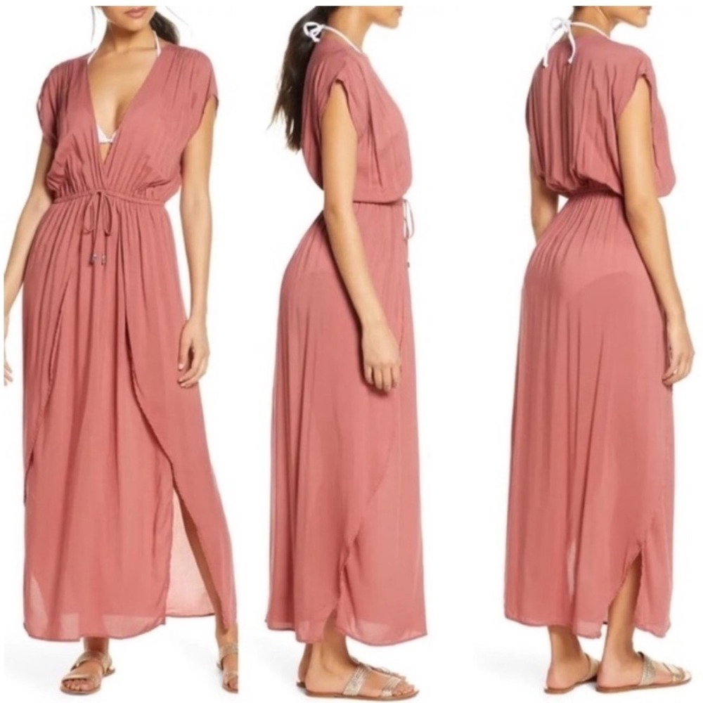 Elan V-Neck Maxi Dress Cover-Up Dusty Rose Drawstring Waist Size M NWT
